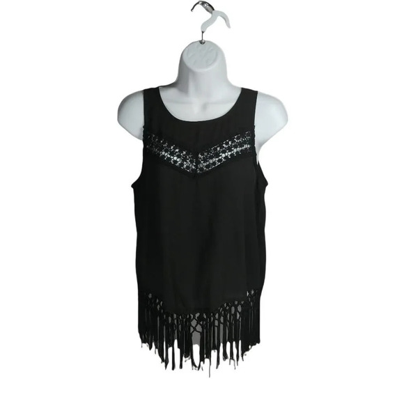 Monteau Swing Back Closure Fringe Semi-Sheer Crocheted Lace Black Top  Blouse S - Picture 1 of 8